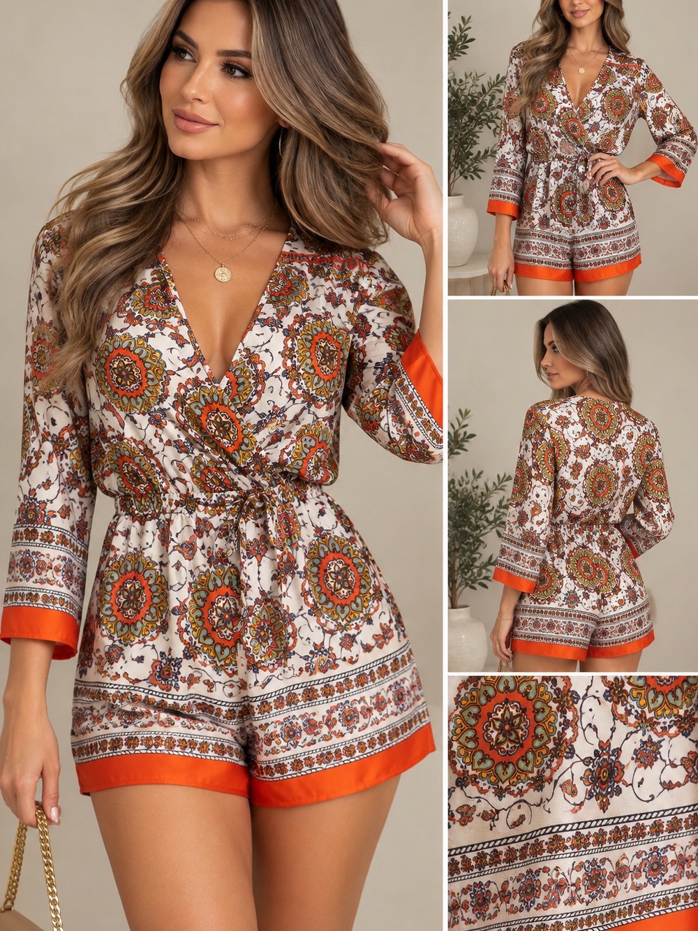 V-Neck Tie-Waist Floral Print Romper - Orange Accent
